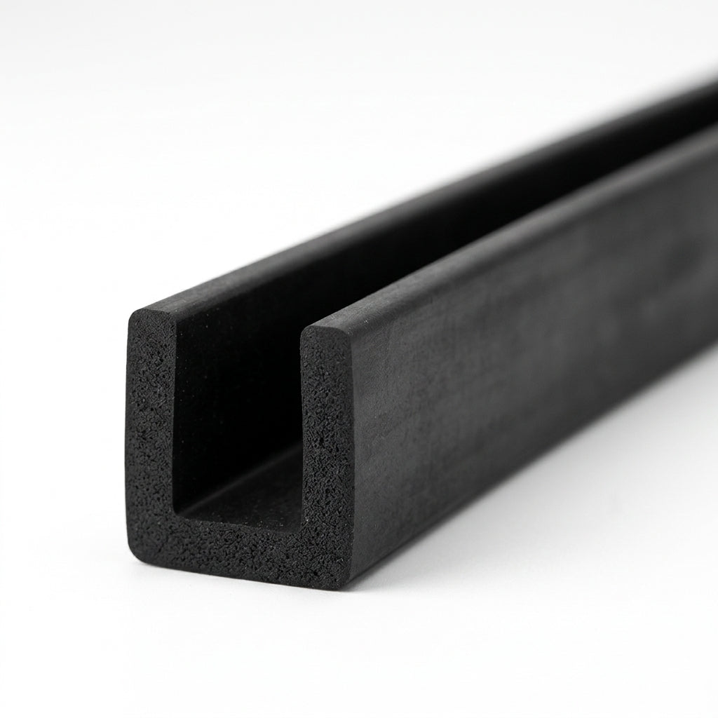 Black rubber square U-channel profile coiled, angled view of square-ended groove