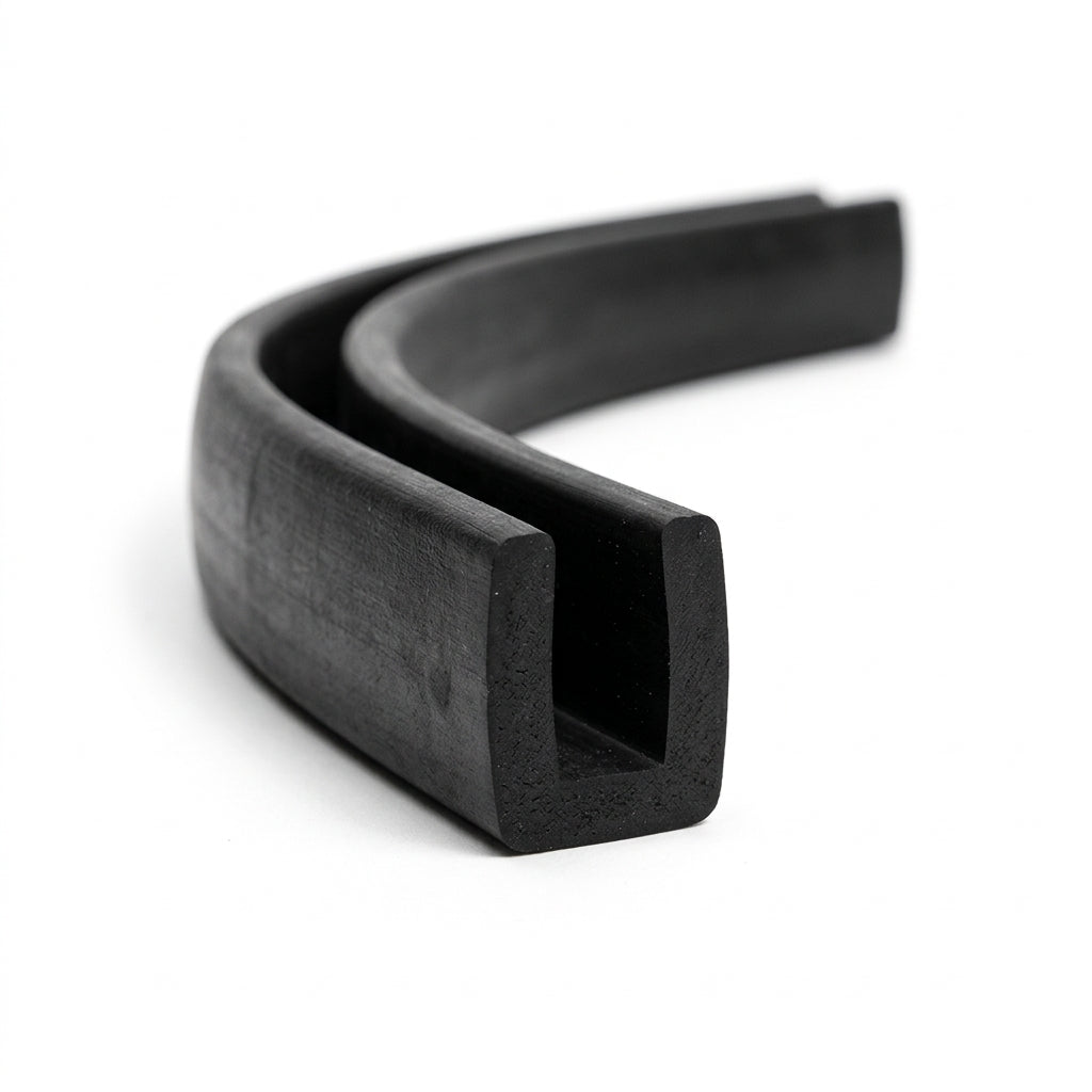 Black rubber square U-channel shown as coiled S-curved length, square-ended groove visible