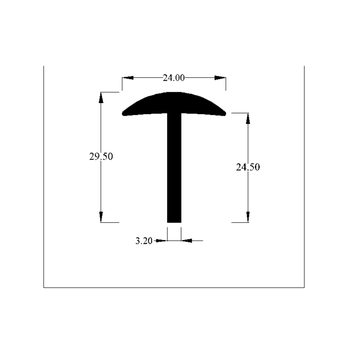 Cross-section diagram of T section extrusion showing a domed cap