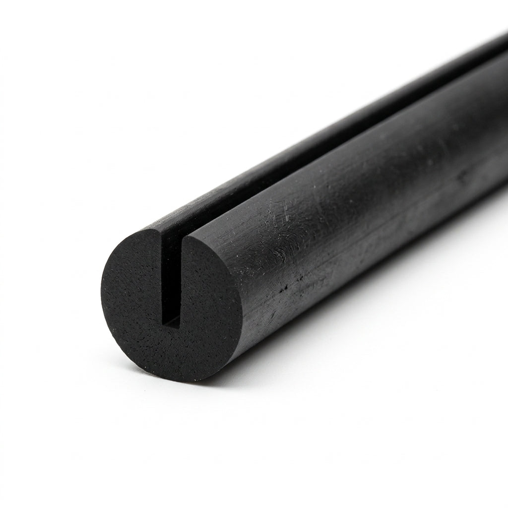Coiled length of black EPDM corded U-channel, end-on view showing round slotted profile