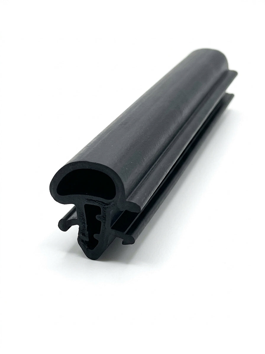 Black window seal profile with mounting flange, angled studio shot, white background