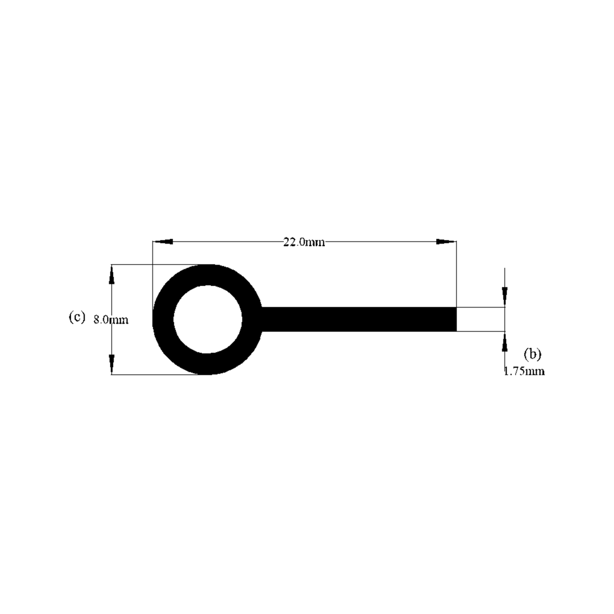 Cross-section diagram of tadpole section, 22.0mm bulb, 1.75mm tail thickness