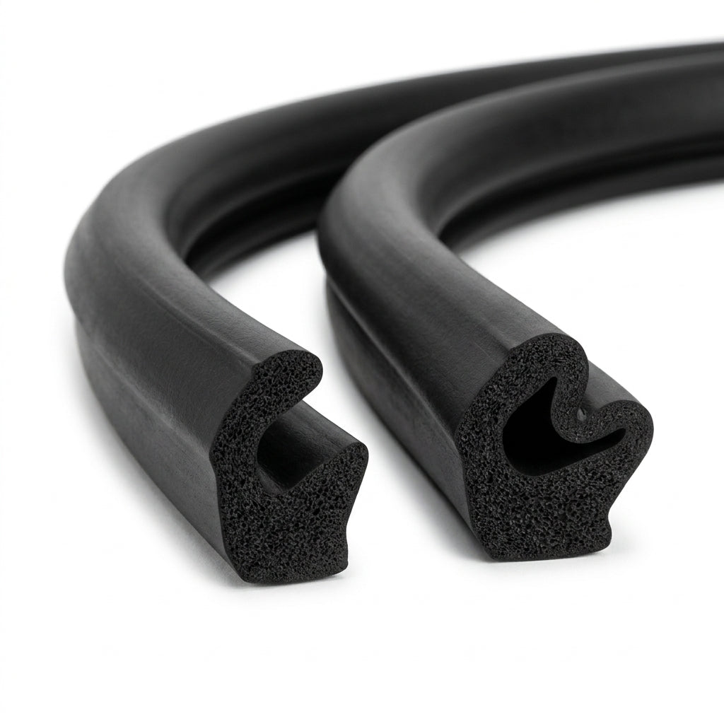 Two coiled black sponge rubber lengths showing different hook-shaped profiles