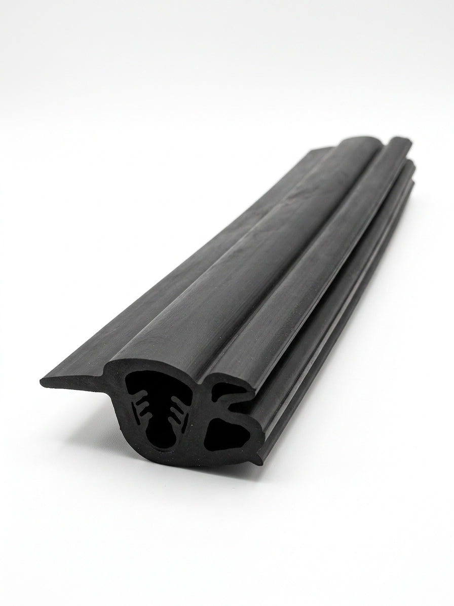 Black rubber windscreen to body seal, coiled length showing twin-chamber profile