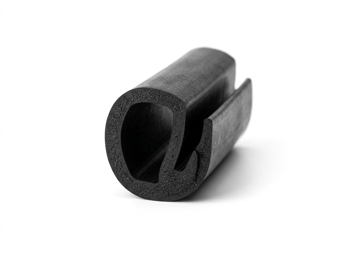 Black rubber hard top seal, end-on studio shot showing the bulb profile