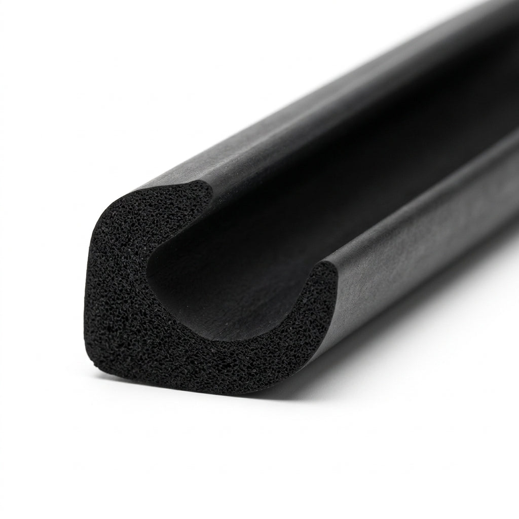 Black sponge rubber seal with U-shaped channel, angled length on white background