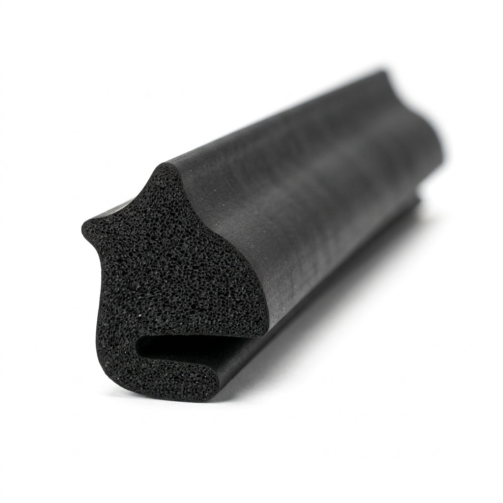 Black sponge rubber section seal with curved lip and hollow bore, angled length