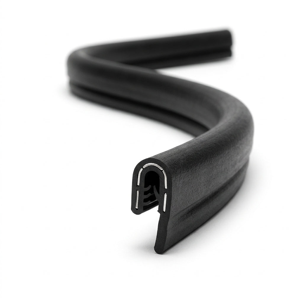S-coiled black self grip seal with a long solid PVC tail and metal insert visible at the cut end