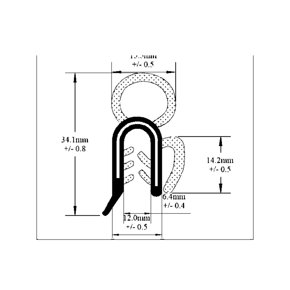 Dimensioned diagram of the tailgate seal's sponge bulb and solid rubber base in millimetres