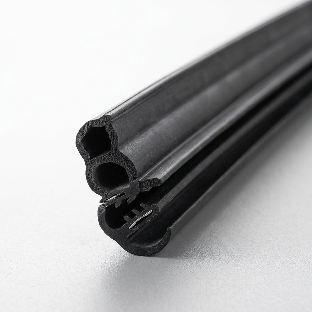End-on view of black rubber double seal with twin bores and metal grip teeth