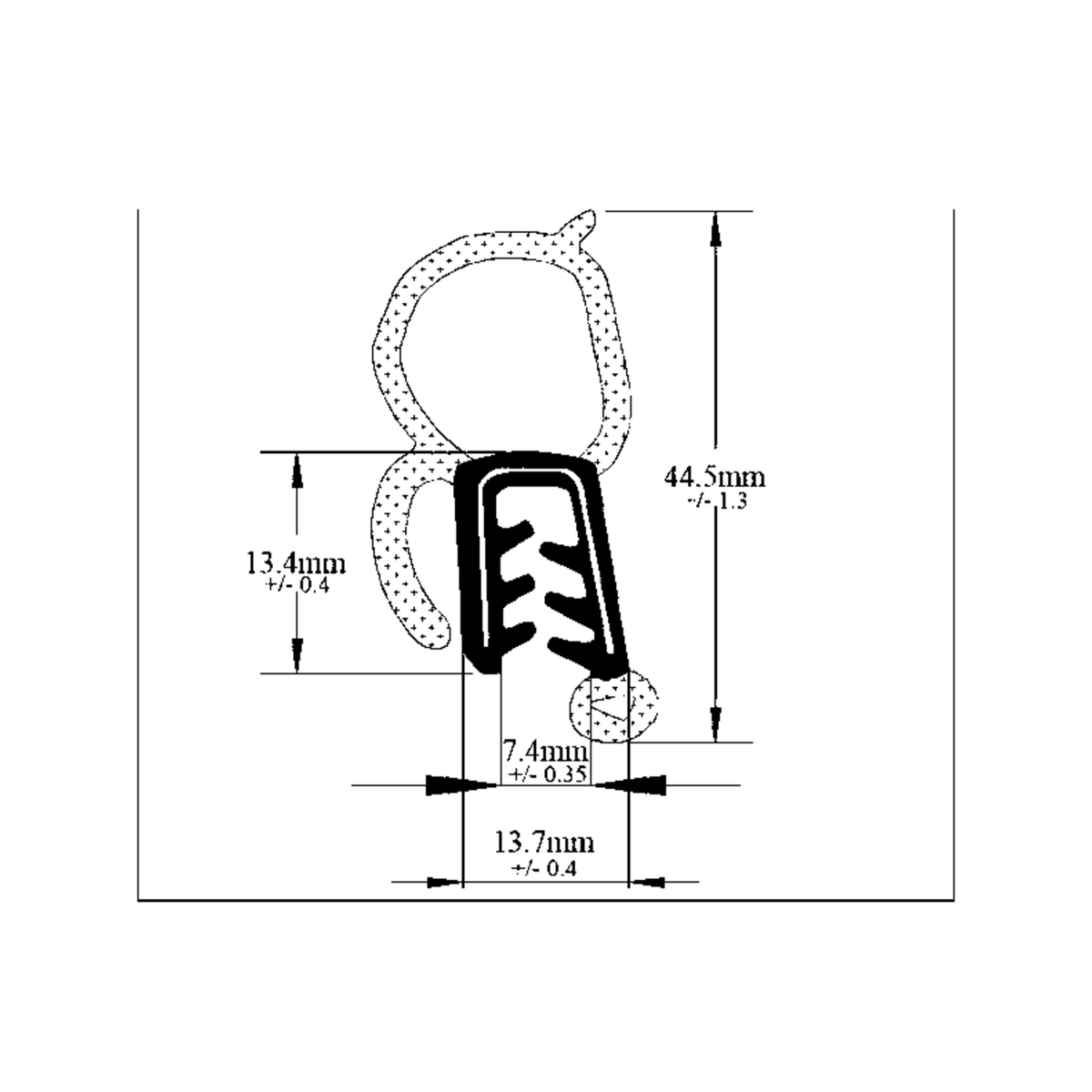 Technical diagram of self-grip seal with bulb, dimensioned 44.5mm x 13.7mm