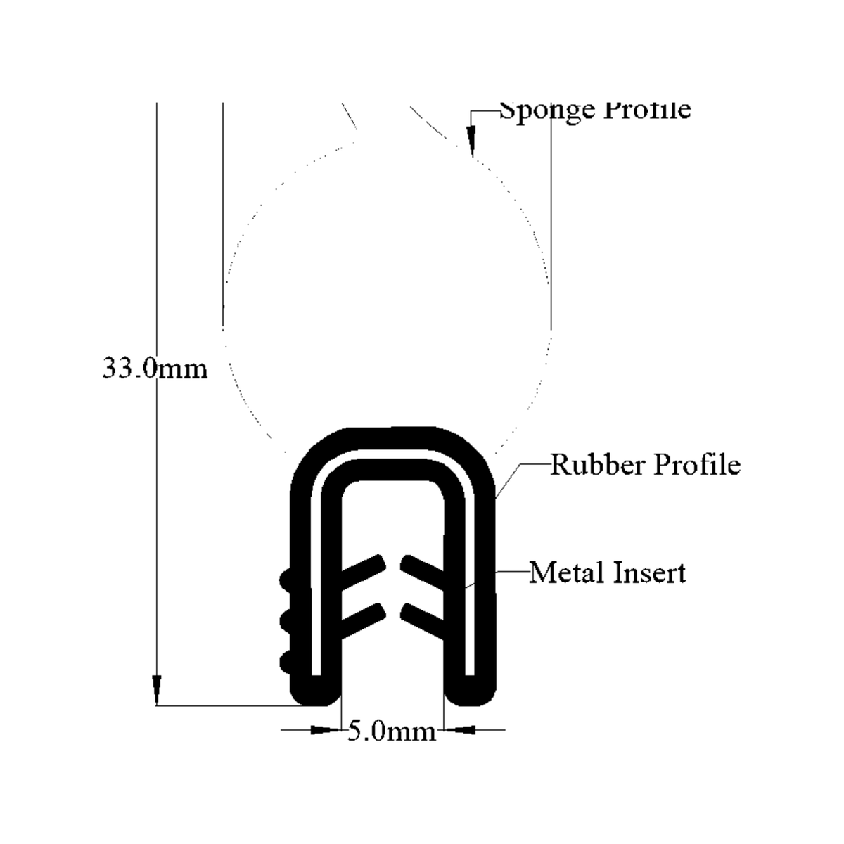 Diagram labelling rubber clip profile, metal insert and sponge bulb, 33.0mm