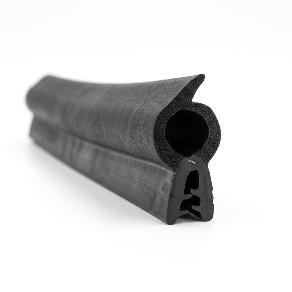 End-on view of black rubber self-grip seal with hollow bulb and clip base