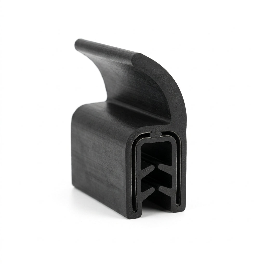 Black rubber top tail seal with curved lip and serrated grip channel, studio shot