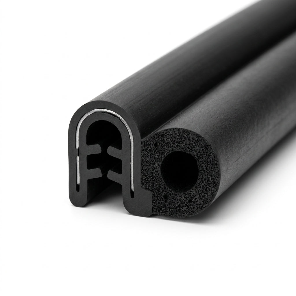Close-up of black draught excluder seal showing its sponge bulb and gripping channel