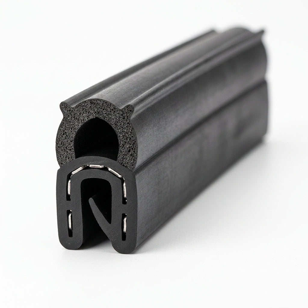 Straight length of self grip top seal with a round hollow sponge bulb and N-shaped metal grip