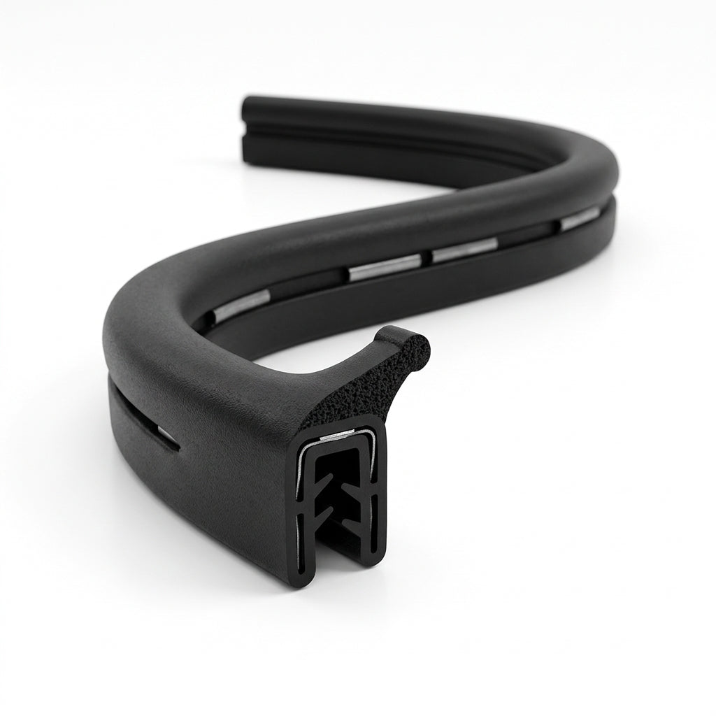 S-coiled black self grip seal with a curved flag-shaped sponge tail and metal insert grip