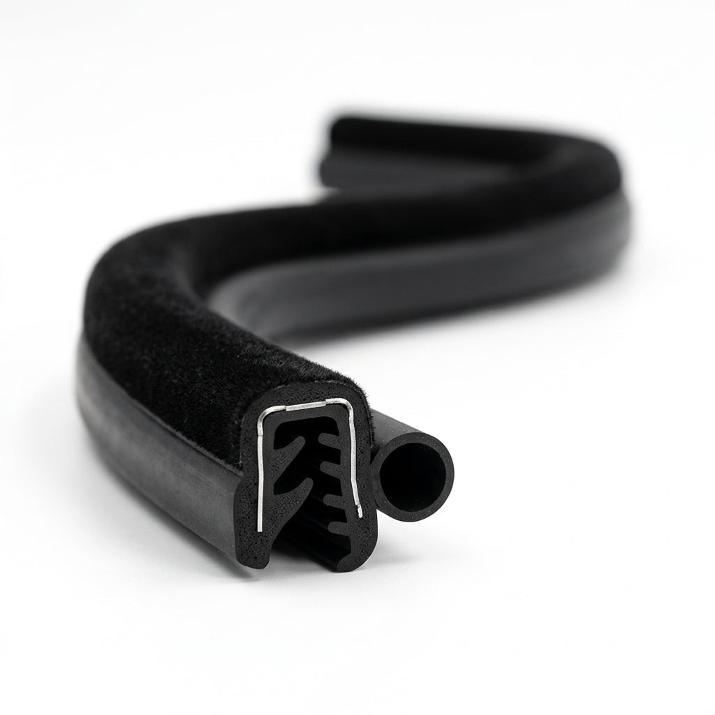 S-coiled side seal with a flocked velvet-textured edge and hollow tube-shaped sponge bulb