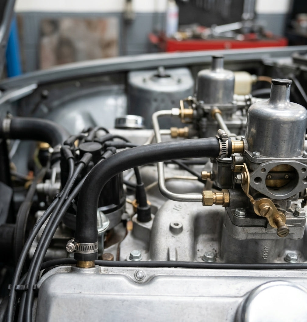 Black breather hoses looping between the twin carburettors and the alloy cam covers, brass unions alongside