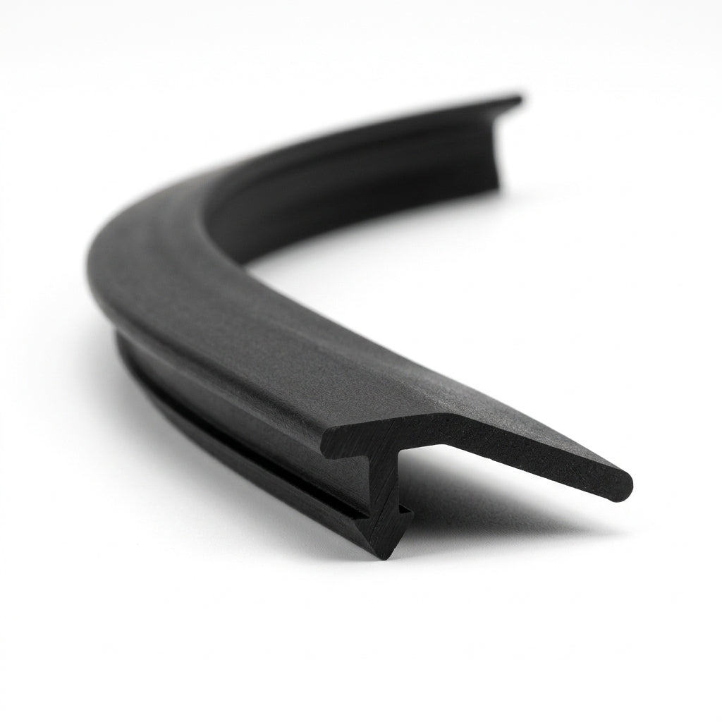 Black PVC edge trim curved into a loop, showing angled flag and base leg