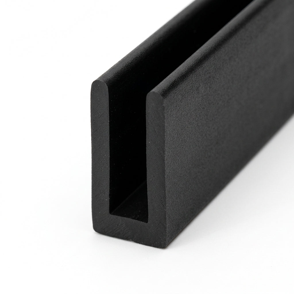 Black PVC U-shaped edge trim profile shown at an angle on a white background