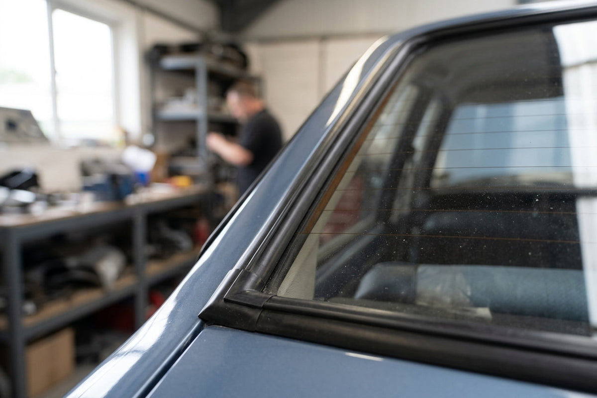 Black windscreen surround fitted to a blue Escort's rear side window, workshop