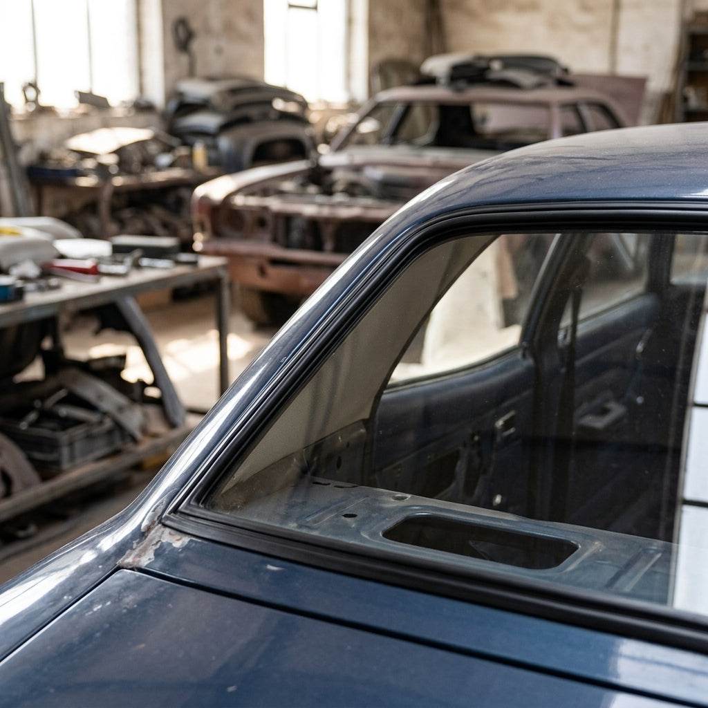 Black window seal fitted along a dark blue classic Cortina's side glass, workshop