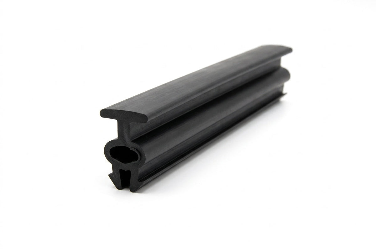 Black windscreen seal profile with flanged lip, angled studio shot