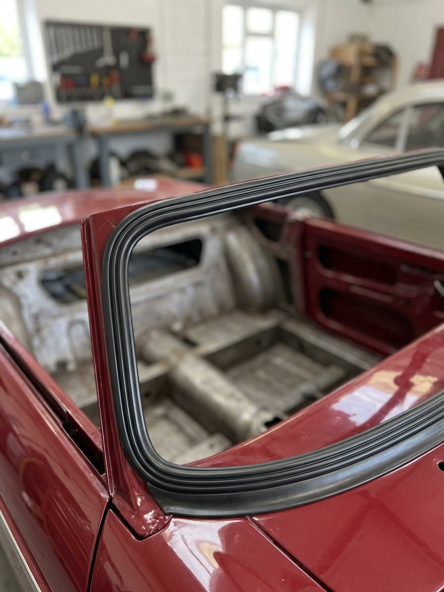 Black windscreen seal fitted around the screen aperture of a red MGB roadster shell