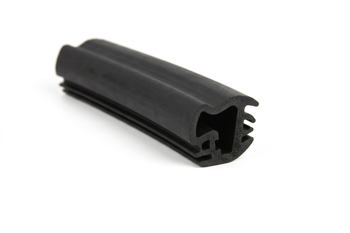 Black rubber windscreen seal profile with locking channel, studio shot