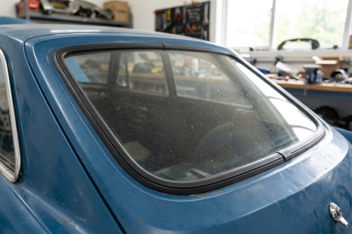 Black rubber seal fitted around the rear windscreen of a blue classic coupe