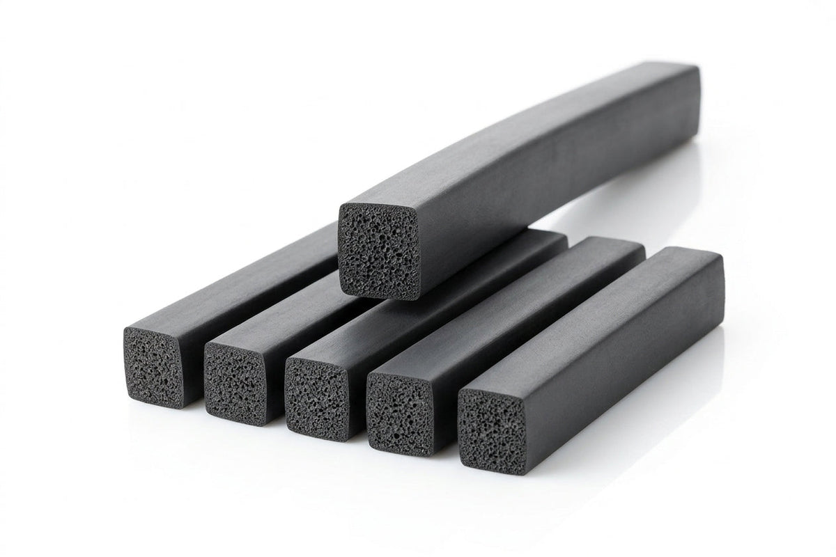 Several square sponge rubber strips stacked, one bent to show flexibility