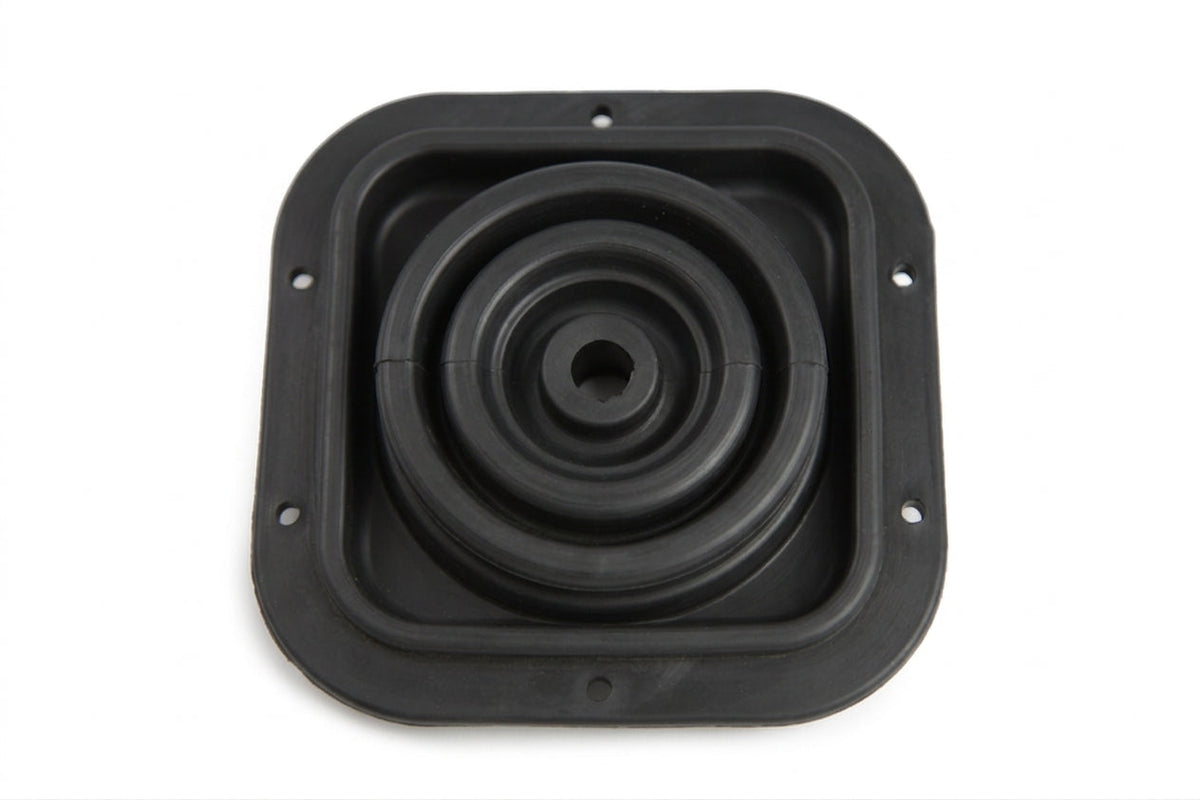 Black rubber gear lever gaiter viewed from above, square base and folds