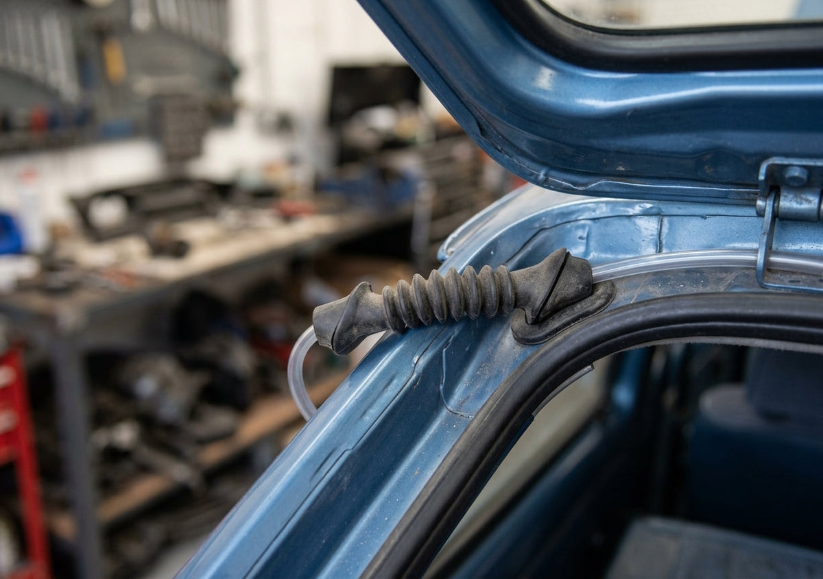 Black washer pipe grommet fitted along a blue car's tailgate edge