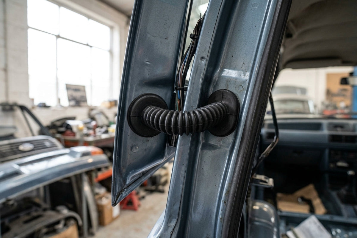 Black tailgate grommet bridging a blue car's open tailgate hinge, close-up