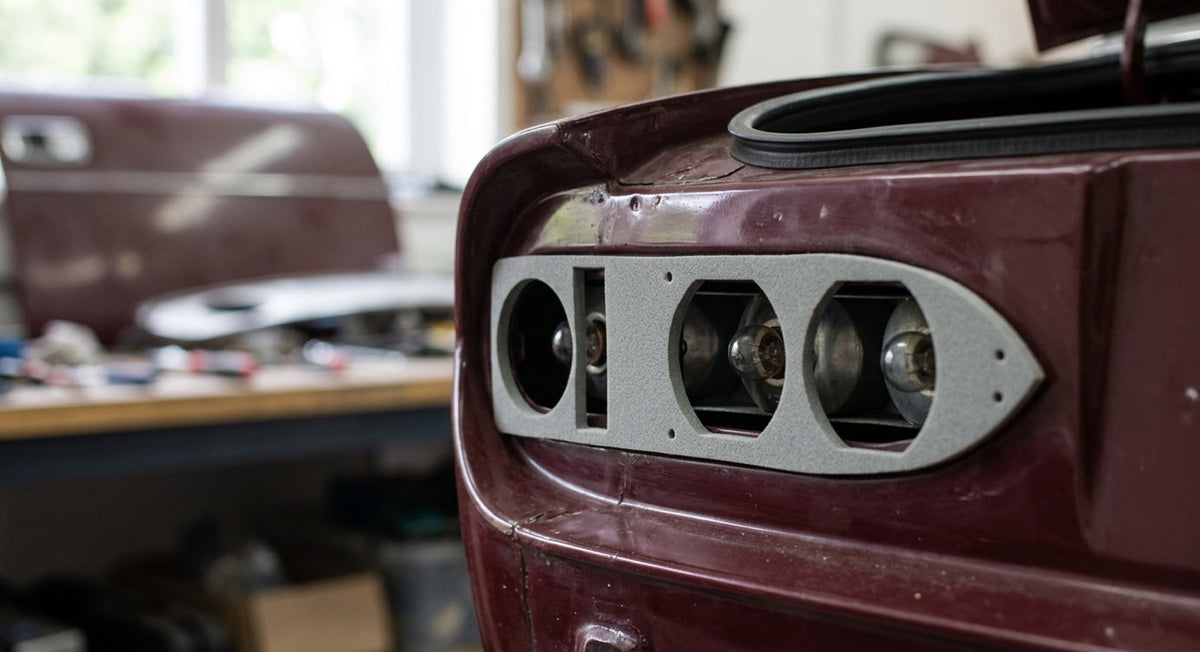Rear lamp cluster and grey surround fitted to a maroon Triumph Stag, close-up