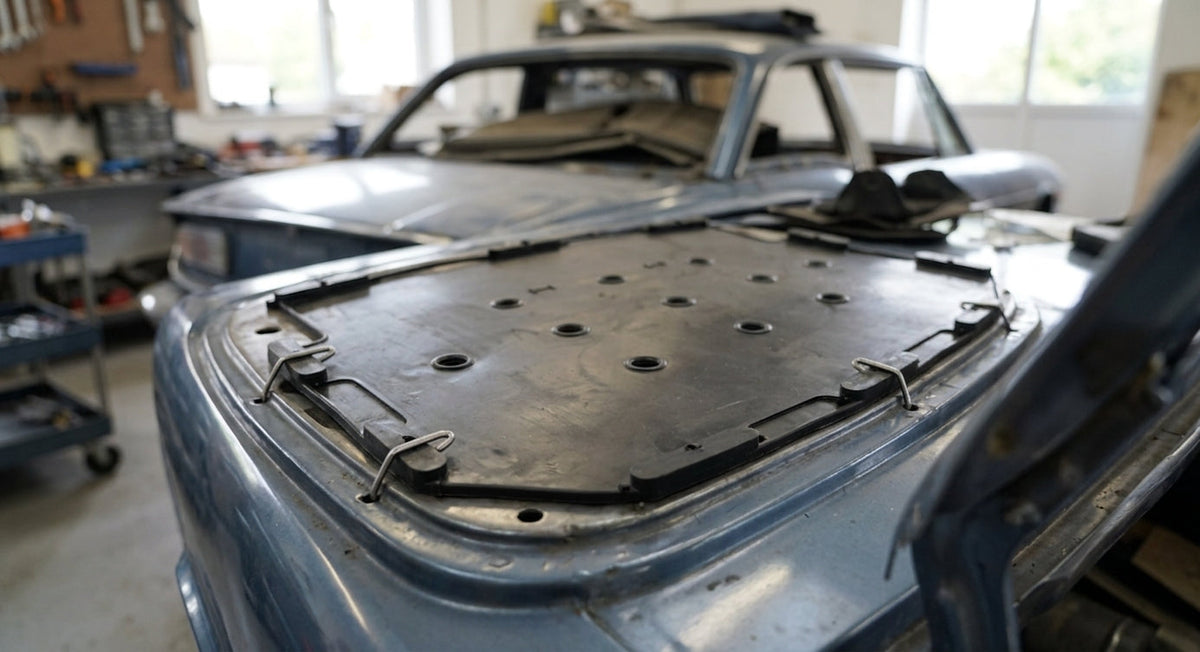 Black perforated seat diaphragm panel laid on a Triumph Stag bonnet, wire clips visible