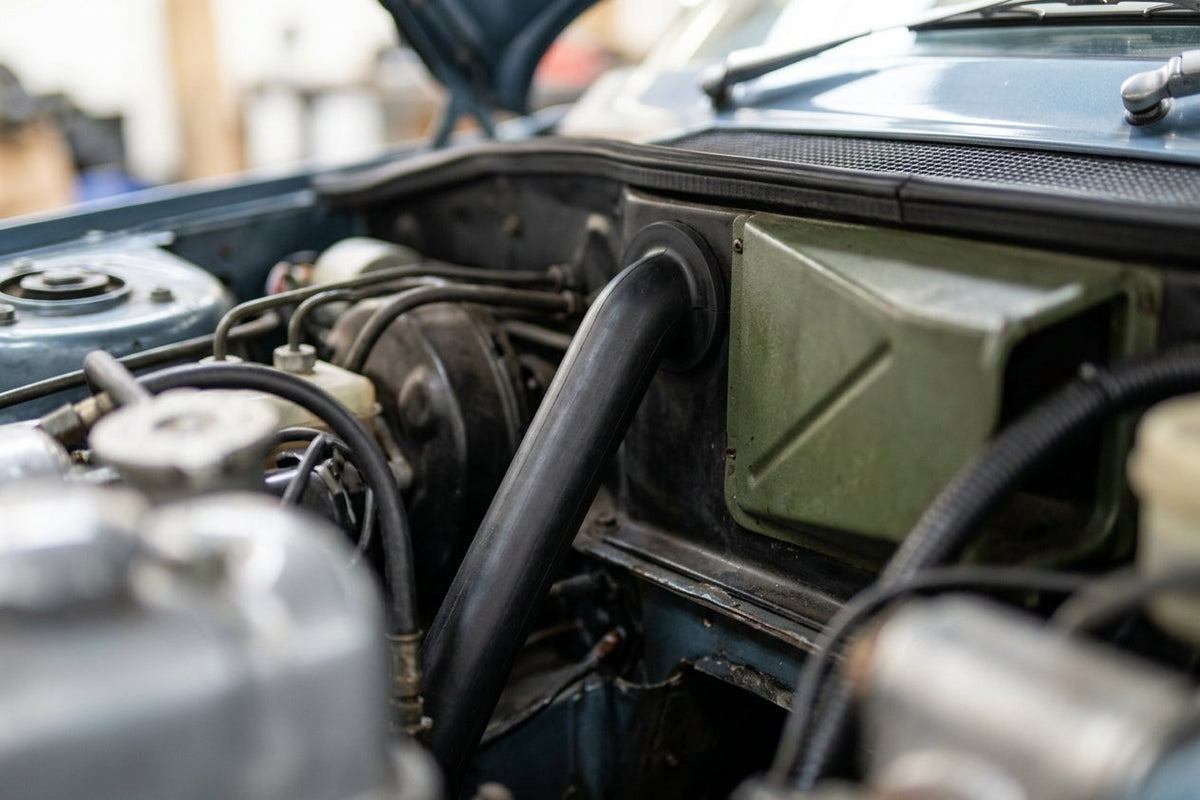 Pipe fitted in the engine bay of a blue classic car, near the heater box