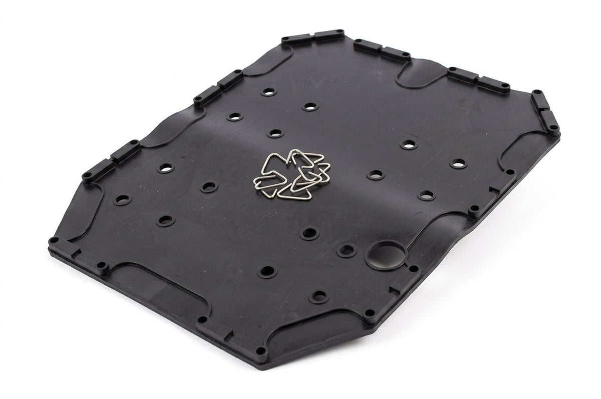 Black moulded seat diaphragm panel with hook fittings, studio shot on white background