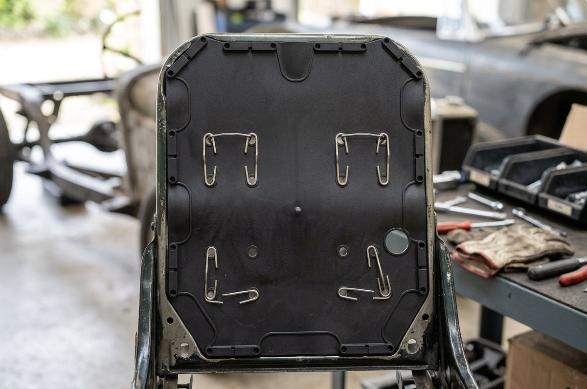 Seat diaphragm panel fitted into a car seat frame with metal hooks visible