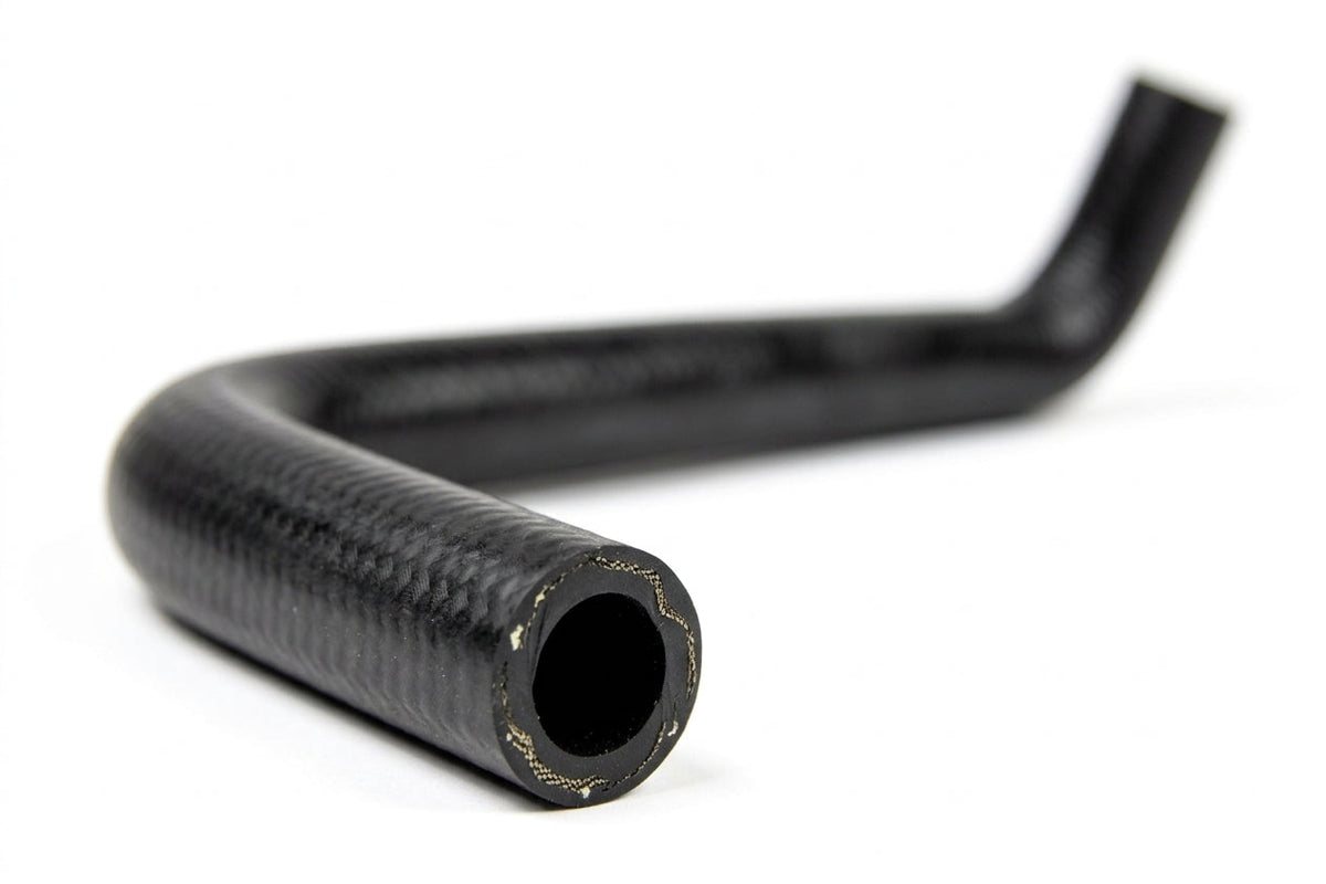 Black woven-finish heater hose bent at an angle, studio shot on white