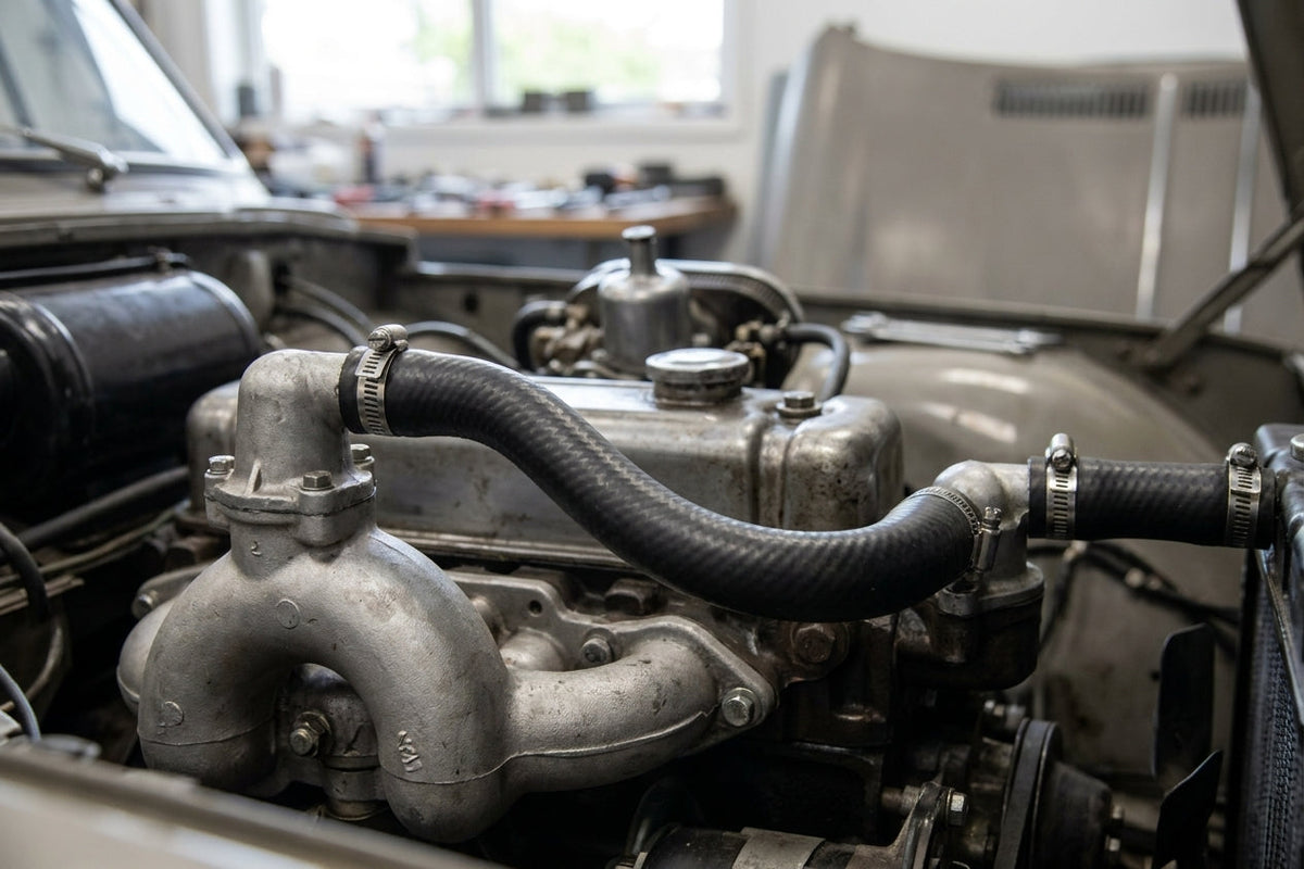 Black hose curving over the alloy inlet manifold to the water outlet, bonnet propped open in a workshop