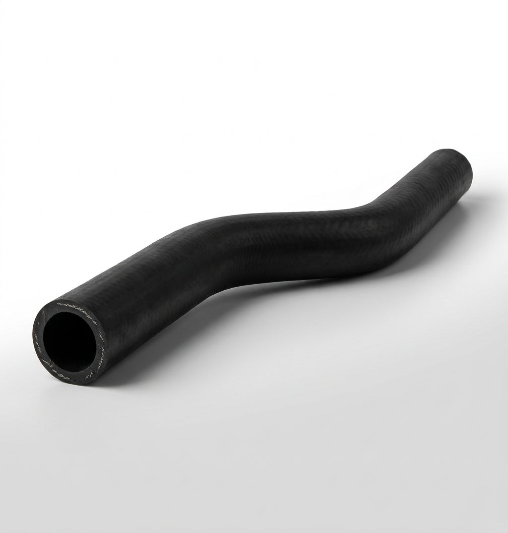 Curved black rubber hose with open end, studio shot on white background