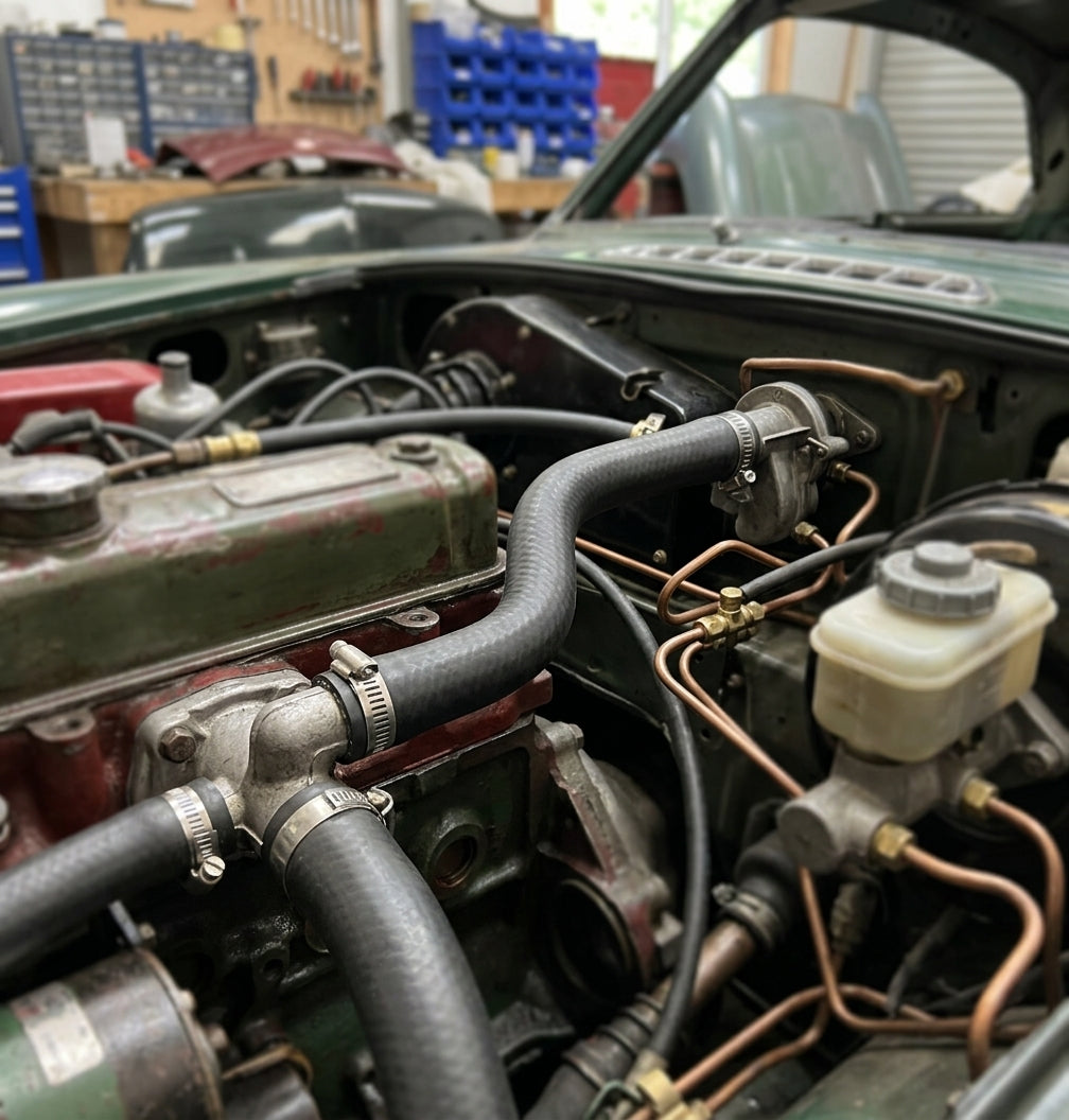 Black hose connected between engine components under the bonnet of a green classic car