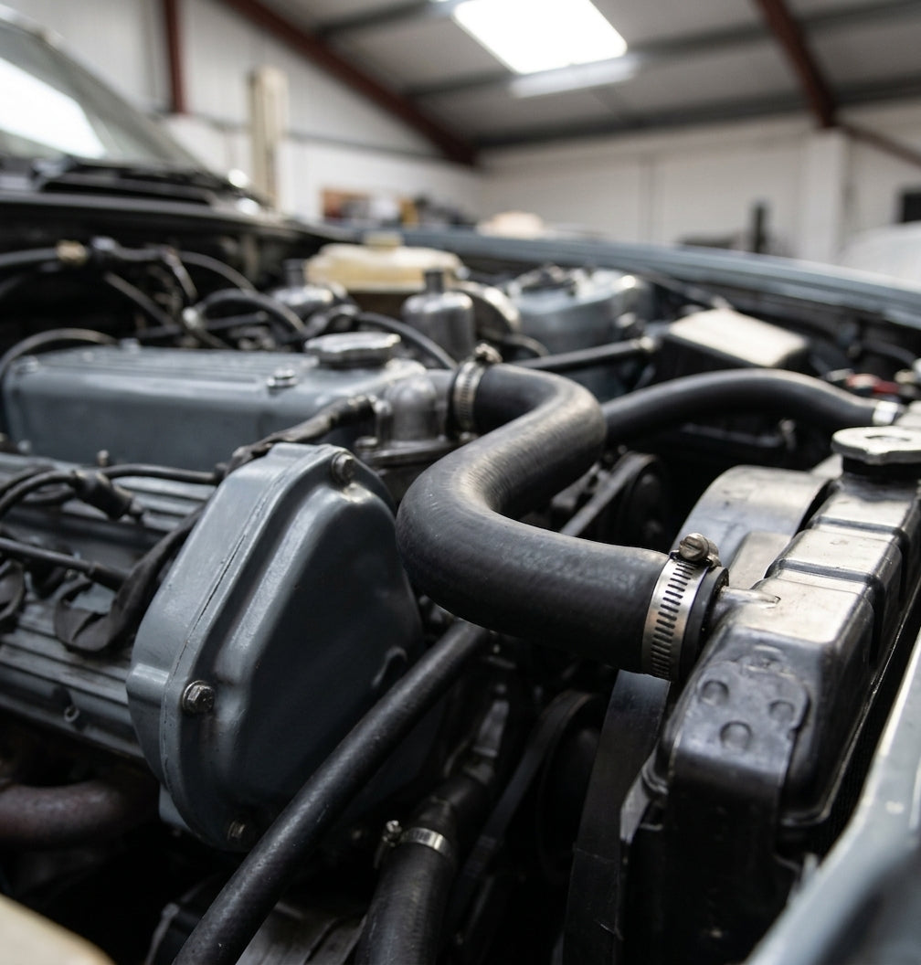 Black top hose looping past the dark rocker covers to the radiator, jubilee clip visible, workshop behind