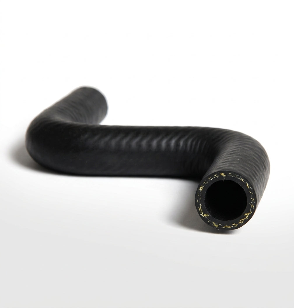 Short black rubber feed hose bent into a curve, Kevlar threads visible at end
