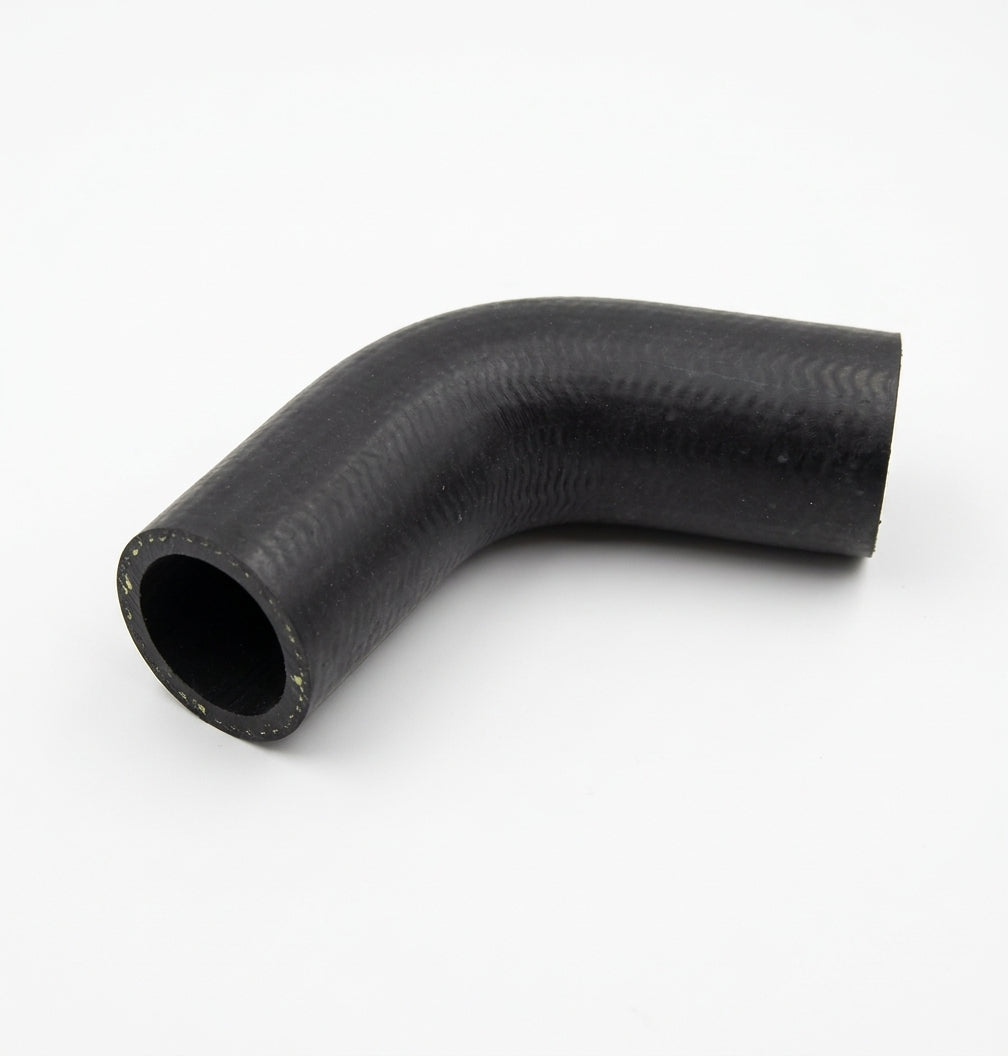 Black moulded 90-degree radiator connector hose, studio shot on white