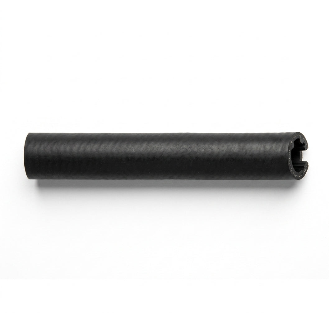Straight black ribbed heater valve hose on white background, studio shot