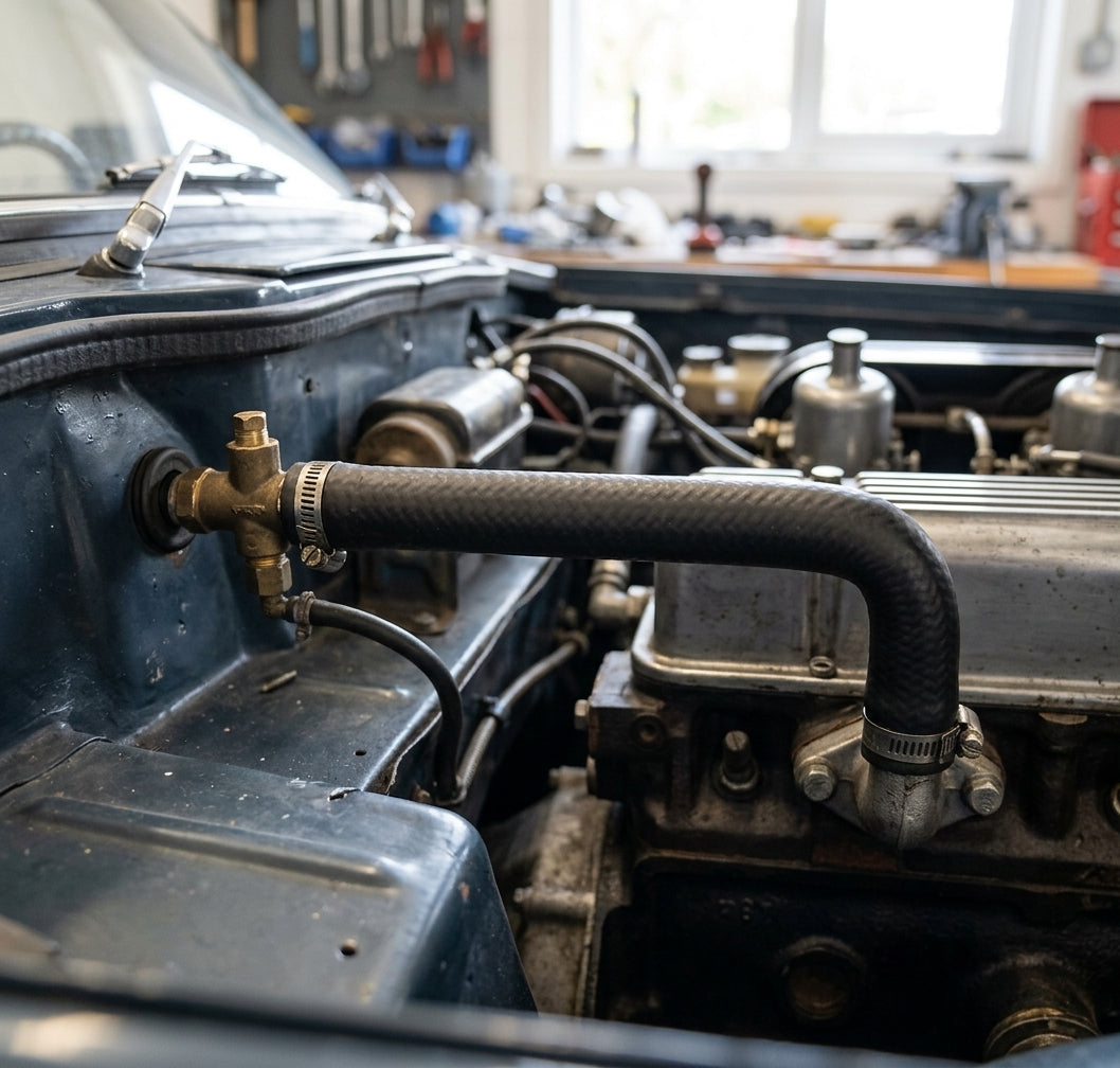 Heater hose fitted from bulkhead to engine on a blue-grey Triumph