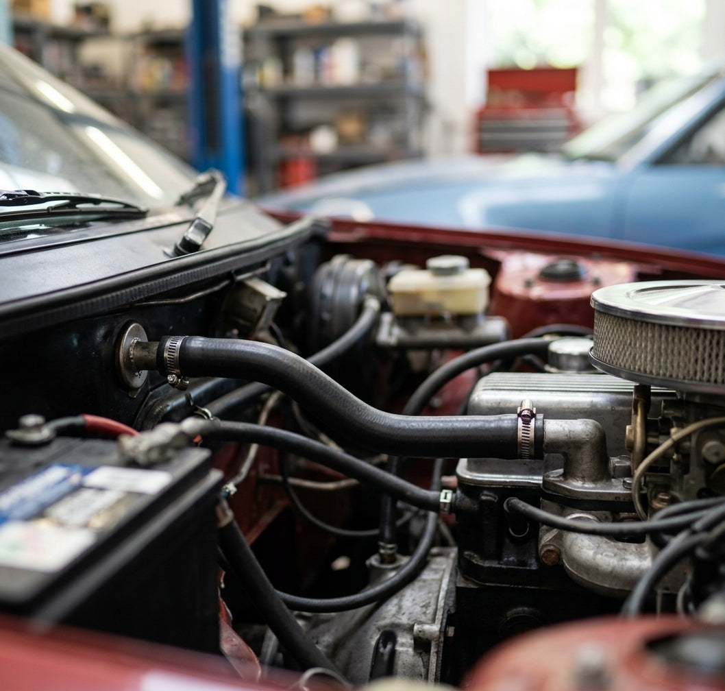 Heater hose fitted in the engine bay of a red Triumph TR8